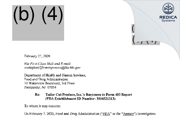 FDA 483 Response - Tailor Cut Produce Inc. [North Brunswick / United States of America] - Download PDF - Redica Systems