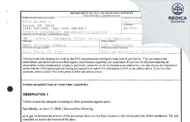 FDA 483 - Pepsi Beverages Company [Santa Maria / United States of America] - Download PDF - Redica Systems