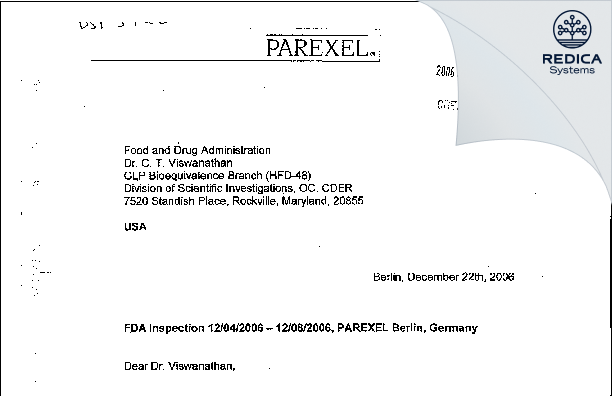 FDA 483 Response - PAREXEL International GmbH [Berlin / Germany] - Download PDF - Redica Systems