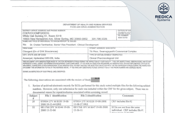 FDA 483 - Clinogent (A Division of GVK Biosciences Pvt. Ltd.) [Hyderabad / India] - Download PDF - Redica Systems