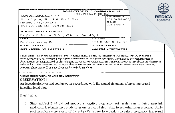 FDA 483 - Douglass Forsha, MD [South Jordan / United States of America] - Download PDF - Redica Systems