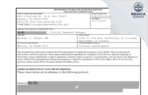 FDA 483 - Michael J. Schurr, MD [Aurora / United States of America] - Download PDF - Redica Systems