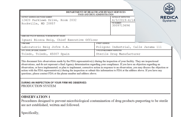 FDA 483 - Laboratorio Reig Jofre Sa. [Spain / Spain] - Download PDF - Redica Systems