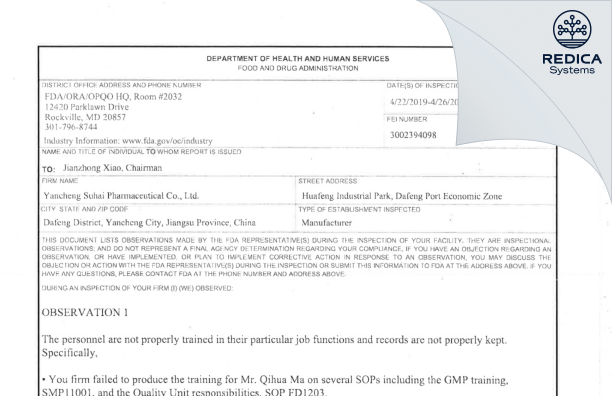 FDA 483 - Yancheng Suhai Pharmaceutical Co. Ltd. [China / China] - Download PDF - Redica Systems