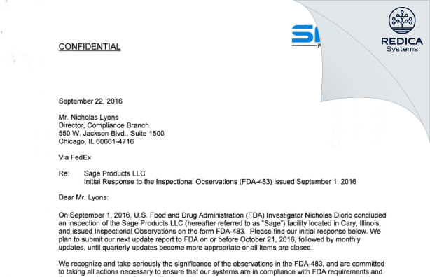 FDA 483 Response - Sage Products LLC [Cary / United States of America] - Download PDF - Redica Systems