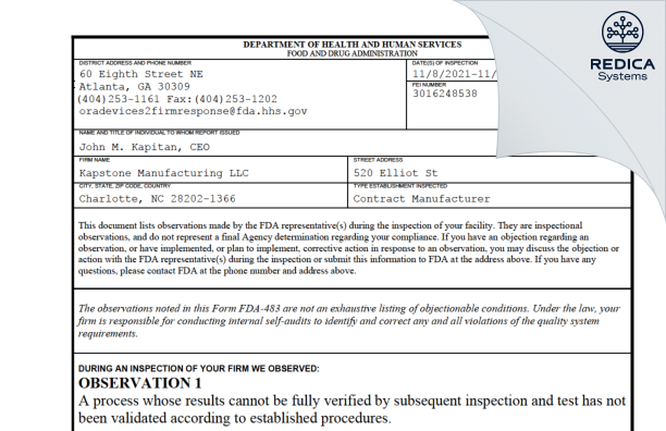 FDA 483 - Kapstone Manufacturing LLC [Charlotte / United States of America] - Download PDF - Redica Systems