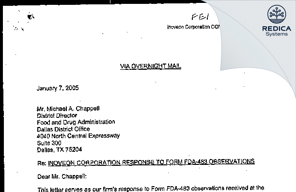 FDA 483 Response - Inoveon Corporation [Oklahoma City / United States of America] - Download PDF - Redica Systems