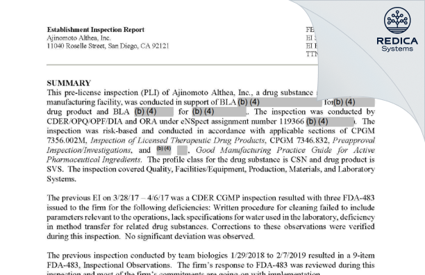 EIR - Ajinomoto Althea, Inc. [San Diego / United States of America] - Download PDF - Redica Systems