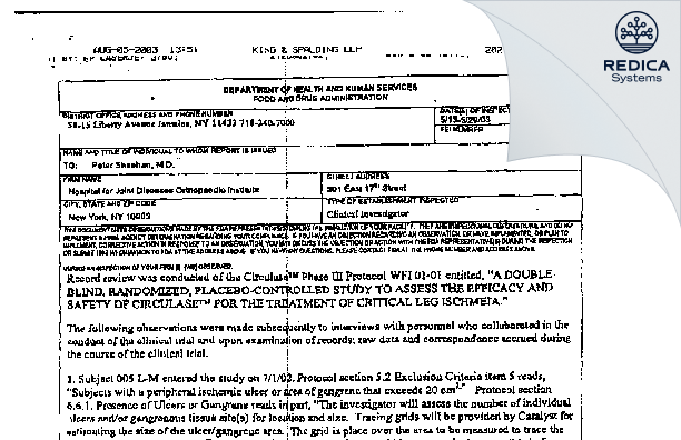 FDA 483 - Hospital For Joint Diseases [New York / United States of America] - Download PDF - Redica Systems