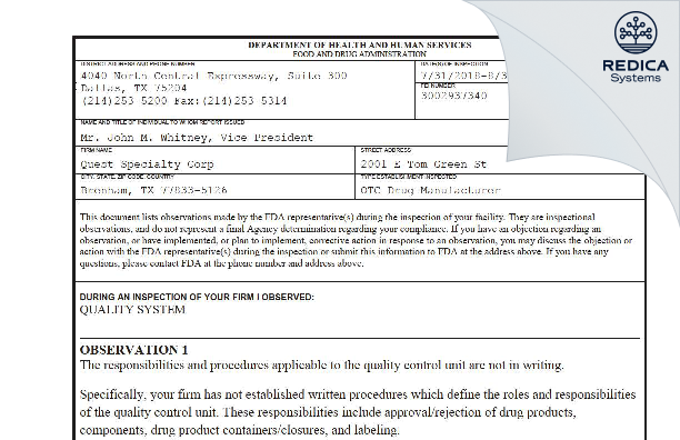 FDA 483 - QuestSpecialty Corporation [Brenham / United States of America] - Download PDF - Redica Systems