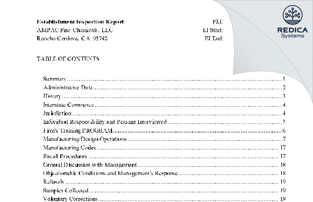 EIR - AMPAC Fine Chemicals LLC [Rancho Cordova / United States of America] - Download PDF - Redica Systems