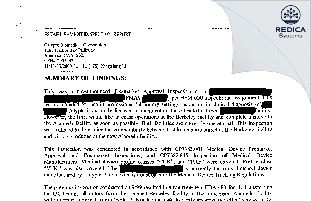 EIR - Calypte Biomedical Corp [Alameda / United States of America] - Download PDF - Redica Systems
