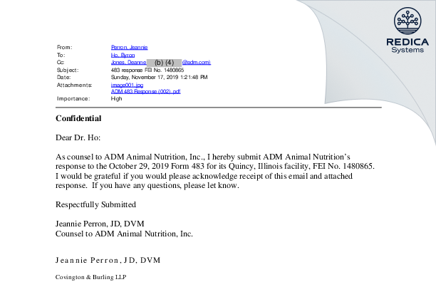 FDA 483 Response - ADM Animal Nutrition [Quincy / United States of America] - Download PDF - Redica Systems
