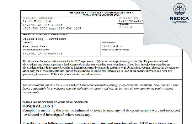 FDA 483 - American Imex [Irvine / United States of America] - Download PDF - Redica Systems