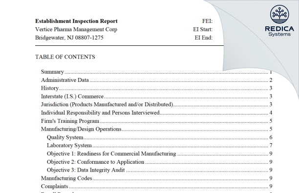 EIR - Vertice Pharma Management Corp. [Bridgewater / United States of America] - Download PDF - Redica Systems
