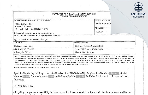 FDA 483 - Delta Air Lines, Inc. [Atlanta / United States of America] - Download PDF - Redica Systems