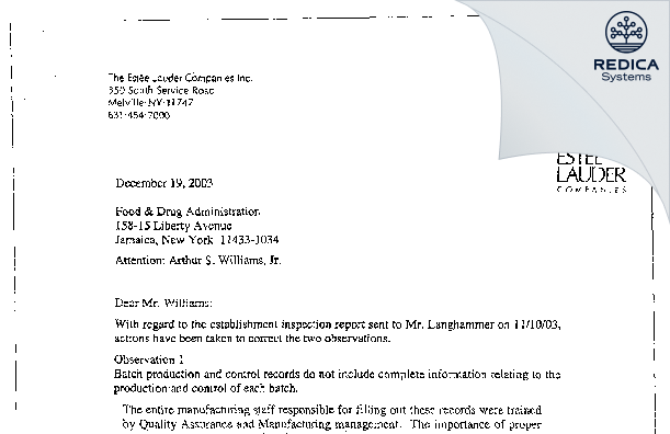 FDA 483 Response - The Estee Lauder Inc [New York / United States of America] - Download PDF - Redica Systems