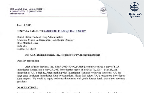 FDA 483 Response - ARJ Infusion Services Inc [Lenexa / United States of America] - Download PDF - Redica Systems