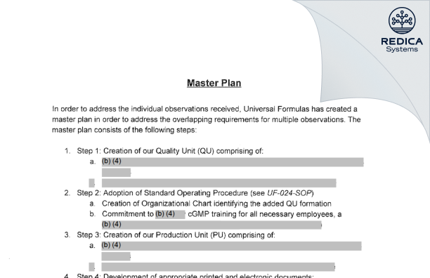 FDA 483 Response - Universal Formulas, Inc. [Kalamazoo / United States of America] - Download PDF - Redica Systems