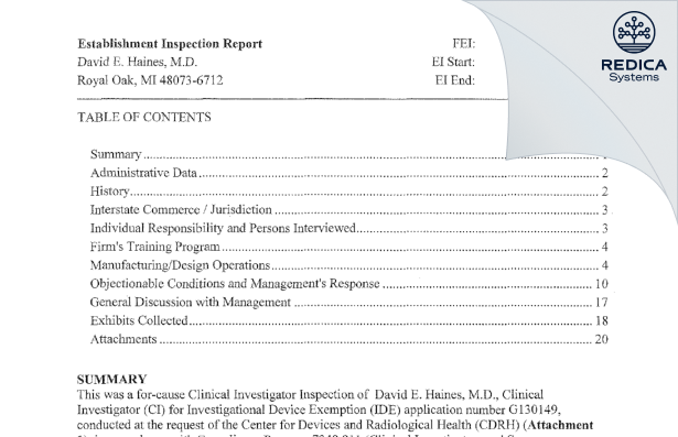 EIR - David E. Haines, M.D. [Royal Oak / United States of America] - Download PDF - Redica Systems