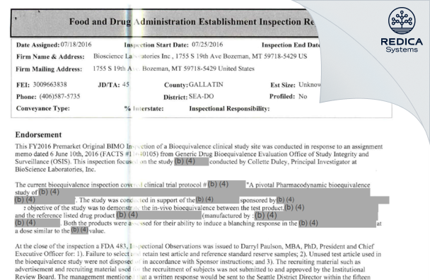 EIR - Bioscience Laboratories Inc [Bozeman / United States of America] - Download PDF - Redica Systems