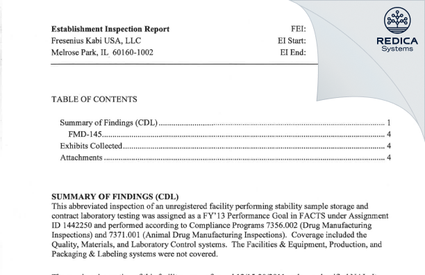 EIR - Fresenius Kabi USA, LLC [Melrose Park Illinois / United States of America] - Download PDF - Redica Systems