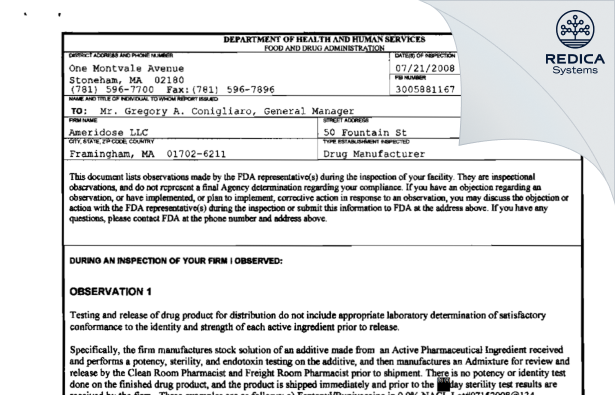 FDA 483 - Ameridose, LLC [Westborough / United States of America] - Download PDF - Redica Systems