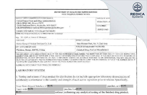 FDA 483 - Henan Kangdi Medical Devices Co. Ltd. [China / China] - Download PDF - Redica Systems