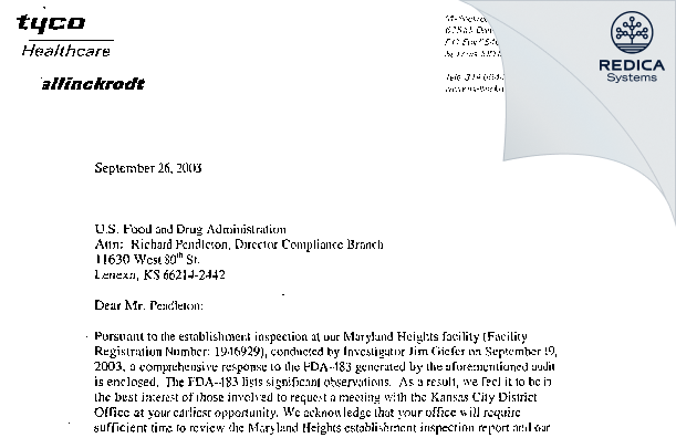 FDA 483 Response - Curium US LLC [Maryland Heights / United States of America] - Download PDF - Redica Systems