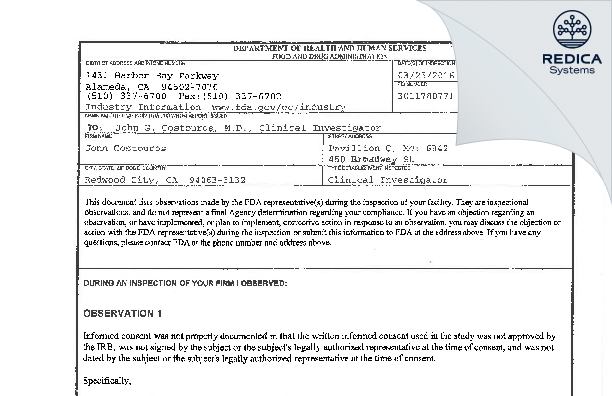 FDA 483 - John G. Costouros, M.D. [Redwood City / United States of America] - Download PDF - Redica Systems