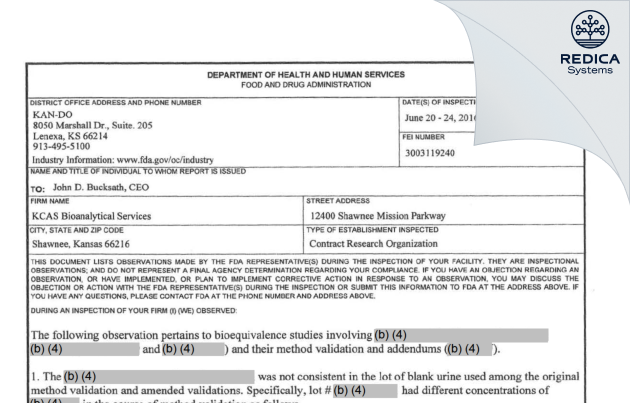 FDA 483 - KCAS, LLC [Shawnee Mission / United States of America] - Download PDF - Redica Systems