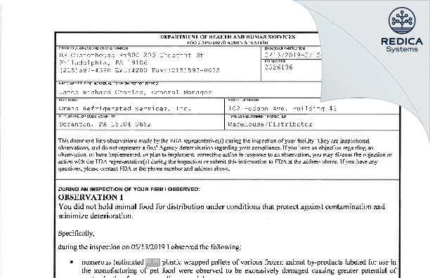 FDA 483 - Gress Refrigerated Services, Inc. [Scranton / United States of America] - Download PDF - Redica Systems
