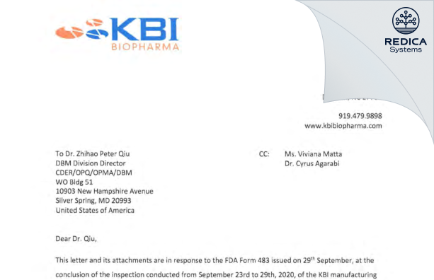 FDA 483 Response - KBI Biopharma, Inc. [Durham / United States of America] - Download PDF - Redica Systems