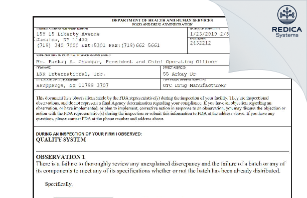 FDA 483 - LNK International, Inc. [Hauppauge New York / United States of America] - Download PDF - Redica Systems