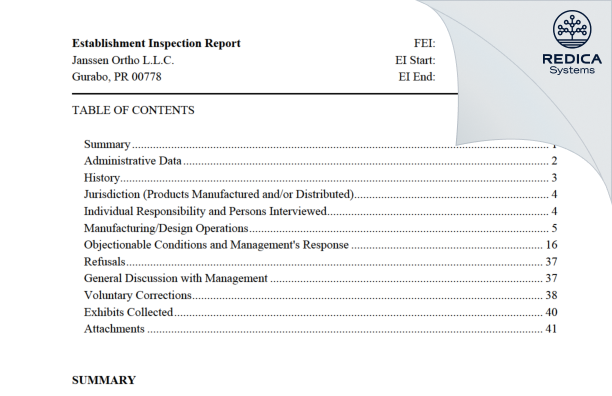 EIR - Janssen Ortho LLC [Rico / United States of America] - Download PDF - Redica Systems