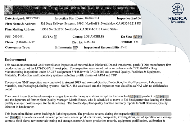 EIR - Kindeva Drug Delivery L.P. [Northridge / United States of America] - Download PDF - Redica Systems