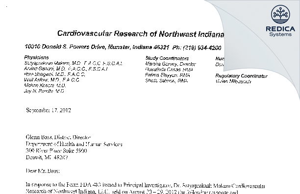 FDA 483 Response - Satyaprakash N. Makam, MD [Munster / United States of America] - Download PDF - Redica Systems