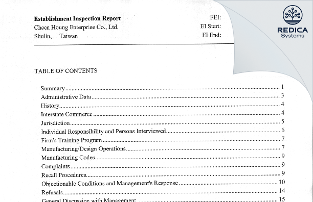 EIR - Cheen Houng Enterprise Co., Ltd. [Shulin / Taiwan] - Download PDF - Redica Systems