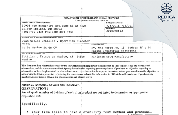 FDA 483 - 4E Global, S.A.P.I. de C.V. [Mexico / Mexico] - Download PDF - Redica Systems