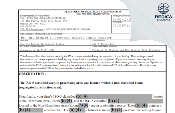 FDA 483 - Overton Brooks VA Medical Center [Shreveport / United States of America] - Download PDF - Redica Systems