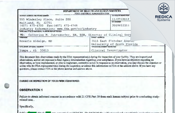 FDA 483 - Rosario Hidalgo, MD [Tampa / United States of America] - Download PDF - Redica Systems