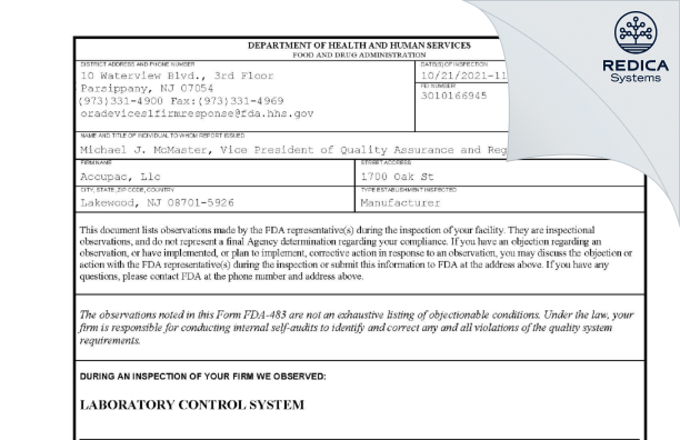 FDA 483 - Accupac, LLC [Lakewood / United States of America] - Download PDF - Redica Systems