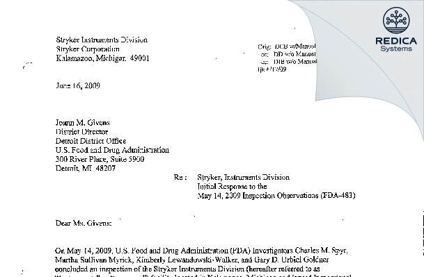 FDA 483 Response - Stryker Instruments Div. of Stryker Corporation [Portage / United States of America] - Download PDF - Redica Systems