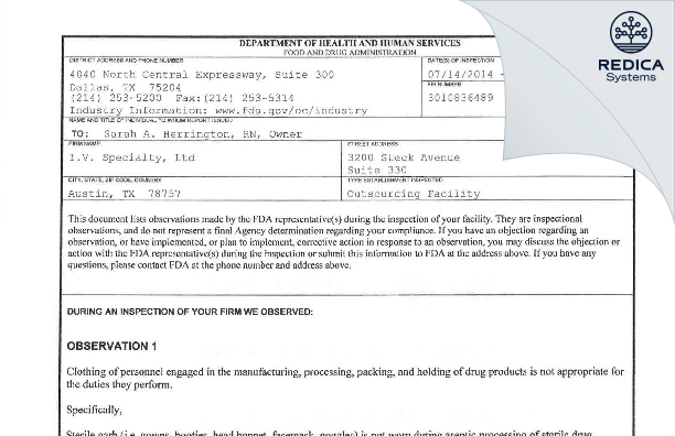 FDA 483 - I.V. Specialty, Ltd [Austin / United States of America] - Download PDF - Redica Systems