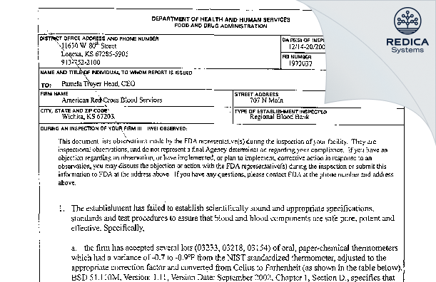 FDA 483 - American Red Cross Blood Services [Wichita / United States of America] - Download PDF - Redica Systems