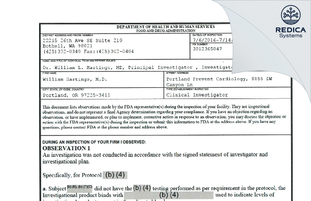 FDA 483 - William Hastings, M.D. [Portland / United States of America] - Download PDF - Redica Systems