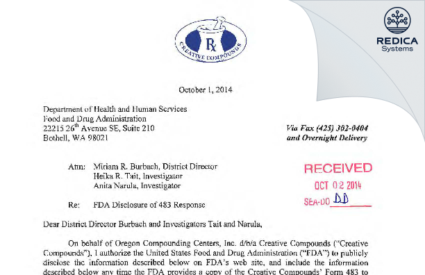 FDA 483 Response - Oregon Compounding Centers, Inc. [Wilsonville / United States of America] - Download PDF - Redica Systems