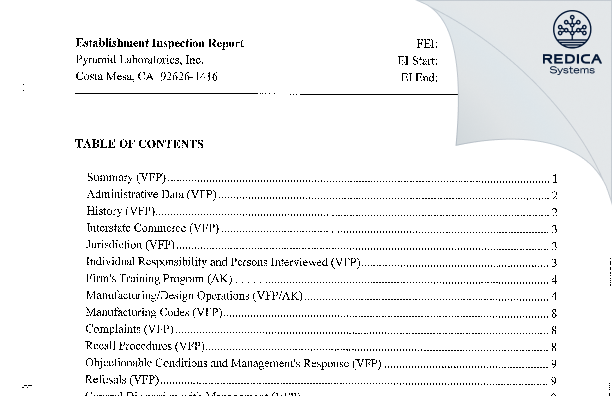 EIR - PYRAMID Laboratories, Inc. [Costa Mesa California / United States of America] - Download PDF - Redica Systems