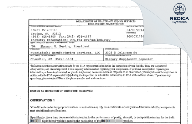 FDA 483 - Nutritional Manufacturing Services, LLC [Chandler / United States of America] - Download PDF - Redica Systems