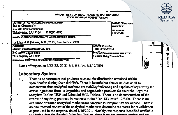 FDA 483 - Frontida BioPharm, LLC [Philadelphia / United States of America] - Download PDF - Redica Systems